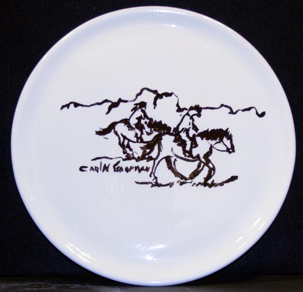 Carl_Gorman,_Two_Guys_Riding,_12.5_diameter,_Carl_painted_this_plate_at_age_91