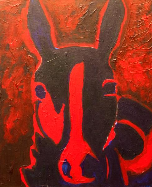 Red-Dark-Donkey,-acrylic-on-canvas